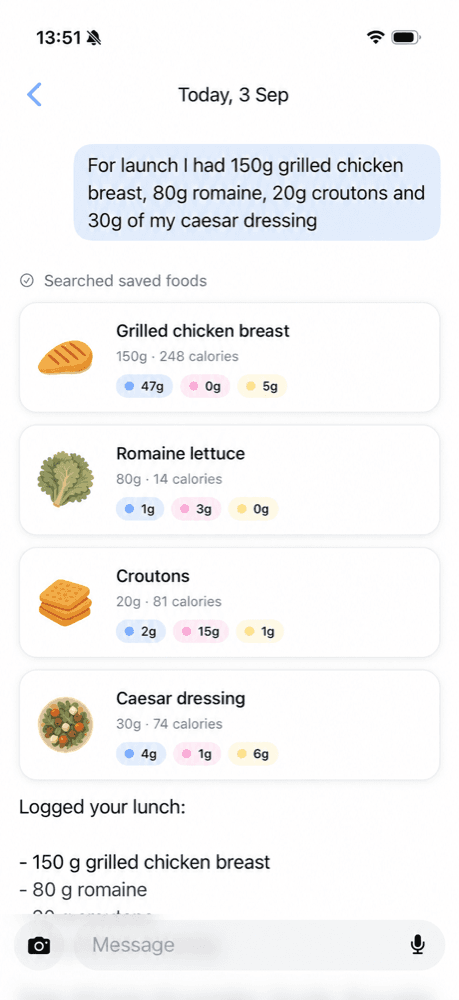 Omu chat where a typed lunch is logged as four foods with calories and macros