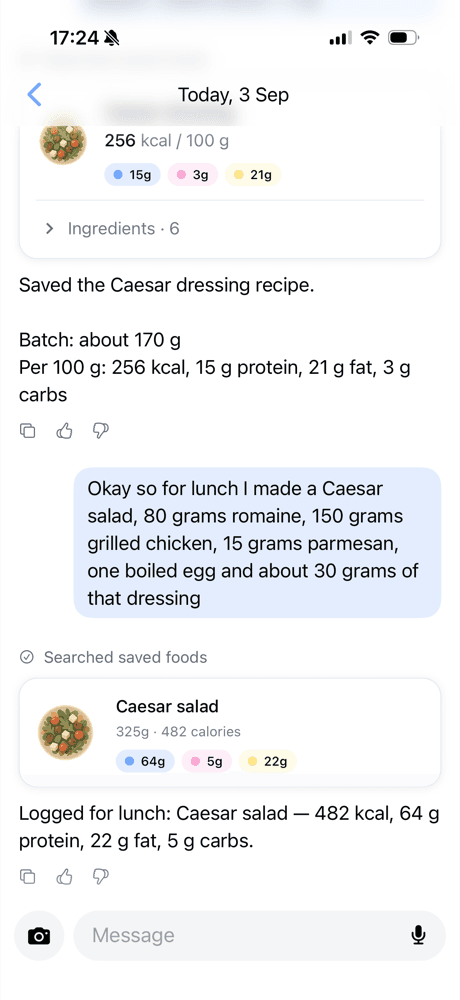 Omu chat where a Caesar salad lunch is logged using the saved dressing recipe