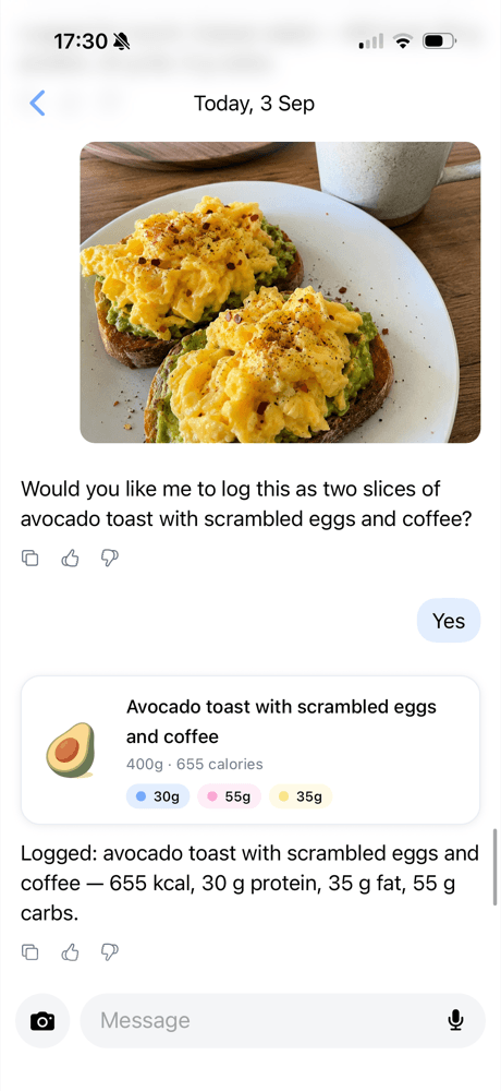 Omu chat where a photo of avocado toast with scrambled eggs is recognized and logged after a one-word confirmation